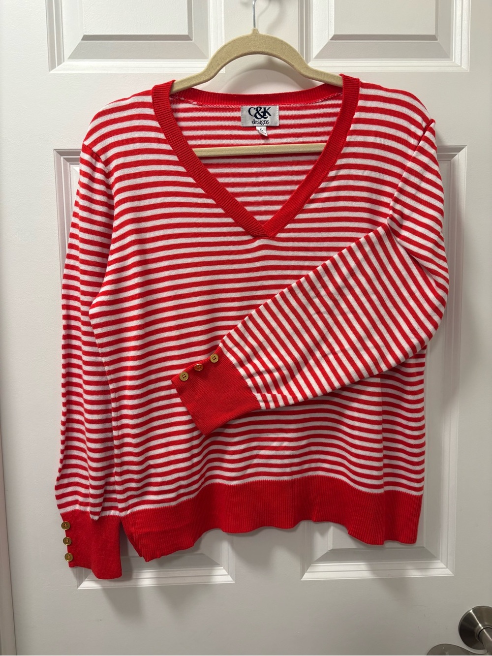 Red and White Striped V-Neck Sweater